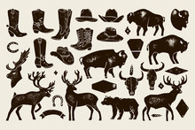 Big Set Of Hand Draw Vintage Native American Signs From Deer, Buffalo, Cowboy Boots And Hats, Cow Skulls, Bear. Vector Badge Silhouette For Creating Logos, Lettering, Posters And Postcards.