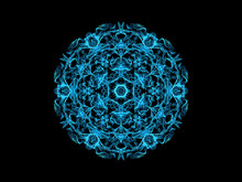 Blue Abstract Flame Mandala Snowflake, Ornamental Floral Round Pattern On Black Background. Yoga Theme.