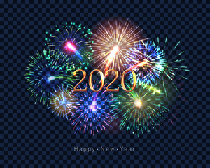 Wall Mural - Happy new year 2020 congratulation with fireworks series. Celebratory template with realistic dazzling display of fireworks on transparent background vector illustration. Winter holiday festival show