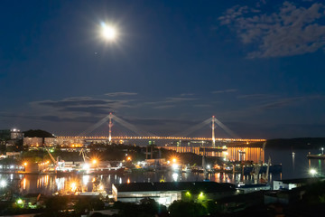 Night Vladivostok. City landscape with views of the Russian bridge.