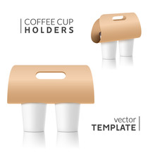 Coffee Cup Holder Paper Design. Beverage Drink Handle Mockup. Cardboard Coffee Cup Holder Takeaway