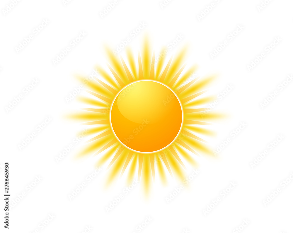 Realistic sun icon for weather design. Sunshine symbol happy orange isolated sun illustration - obrazy, fototapety, plakaty 