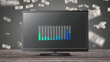 Poster - Bar chart on flatscreen with floating dollar bills behind
