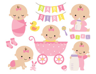 vector illustration of pink baby girl set. cute baby girl in a stroller with toys and accessories.