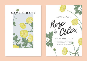 Wall Mural - Botanical wedding invitation card template design, yellow creeping buttercup flowers in light blue rectangle on white background, pastel vintage theme