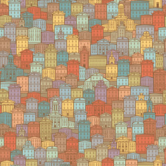 Poster - Vector seamless pattern with old hand drawn buildings in retro style. European town with colorful cartoon houses. Cityscape background, can be used as wallpaper, wrapping paper, textile, fabric
