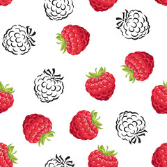 Raspberry seamless pattern. Red berries with green leaves on a white background. Vector color illustration in cartoon flat style and black and white outline.