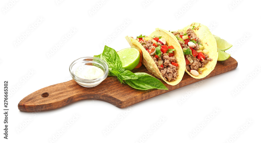 Board with tasty fresh tacos on white background