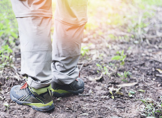 traveler walking in forest in the mountains - Man hiker legs and feet in shoes