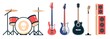 Rock band instruments set. Acoustic and electric guitars, drum set and speakers with a microphone. Vector illustration.