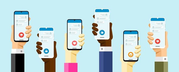 Wall Mural - Social media communication with a lot of peoples via smartphone application. Like, dislike, smile, love button. Vector illustration