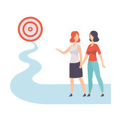 Sticker - Businesswomen Walking to Path Towards to Target, Achievement of Goal Vector Illustration