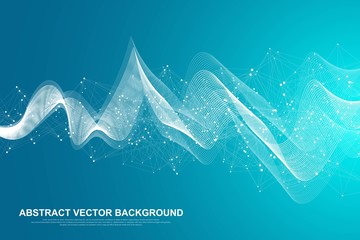 Aufkleber - Abstract plexus background with connected lines and dots. Wave flow. Plexus geometric effect Big data with compounds. Lines plexus, minimal array. Digital data visualization. Vector illustration.