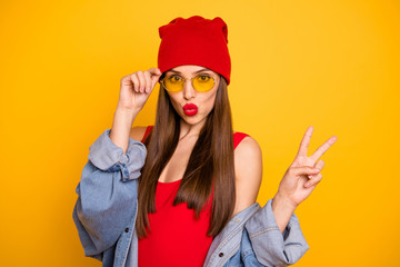 Sticker - Close up photo of cute beautiful lady bright lips nice colorful look v-sign symbol send air kiss wear sun specs red body tank-top denim blazer