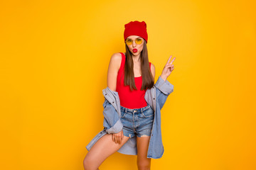 Poster - Close up photo of beautiful lady bright lips nice pretty colorful look v-sign symbol send air kiss wear sun specs red body tank-top denim shorts blazer