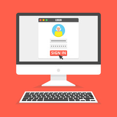 Poster - Sign in page on computer display screen. Female avatar. Flat cartoon style. Vector illustration.