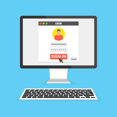 Poster - Sign in page on computer display screen. Male avatar. Flat cartoon style. Vector illustration.