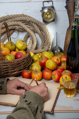 Wall Mural - organic apples with man drinking glass of delicious french cider