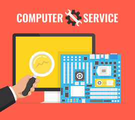 Poster - Computer repair, service.  Hand holding a magnifying glass and looking for malfunctions. Vector illustration.