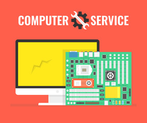 Poster - Computer repair service. Motherboard and desktop computer. Vector illustration.