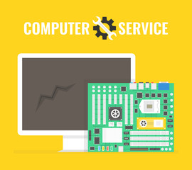 Poster - Computer repair service. Motherboard and desktop computer. Vector illustration.