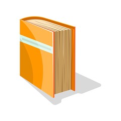 Orange book in hard cover with place for text instead for title standing vertical on the side. Vector cartoon icon for library, education, publishing houses, bookstores isolated on white background.