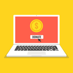 Poster - Donate online concept. Laptop with gold coin and button on screen. Vector illustration.