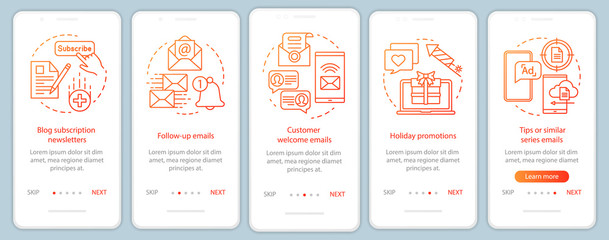 Email marketing orange onboarding mobile app page screen vector template. Business strategy, promotions walkthrough website steps with linear illustrations. UX, UI, GUI smartphone interface concept