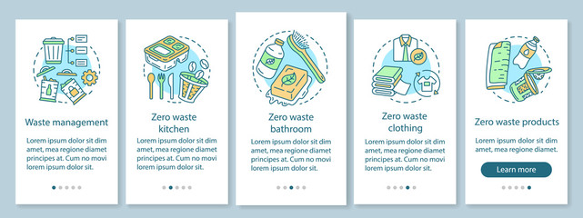 Zero waste lifestyle onboarding mobile app page screen with linear concepts. Waste management walkthrough five steps graphic instructions. UX, UI, GUI vector template with illustrations