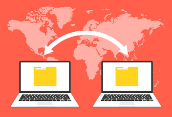 Poster - Two laptops transferred documents. File transfer concept. Vector illustration.