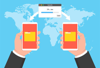 Poster - Hand holding phone and transferred documents to laptop. File transfer concept. Vector illustration.