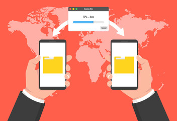 Poster - Hand holding phone and transferred documents to laptop. File transfer concept. Vector illustration.
