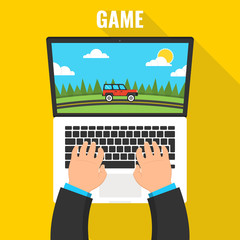 Poster - Gaming concept. Man playing on laptop in race videogame. Vector flat illustration.