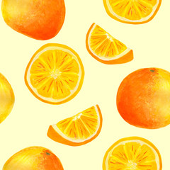 Watercolor orange fruit seamless pattern. Hand painted citrus slices isolated on pastel yellow background for food packaging, wrapping, covers, textile.