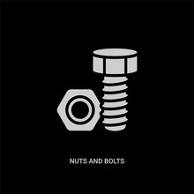 White Nuts And Bolts Vector Icon On Black Background. Modern Flat Nuts And Bolts From Construction Tools Concept Vector Sign Symbol Can Be Use For Web, Mobile And Logo.