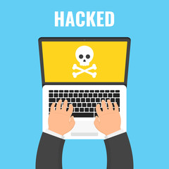Poster - Laptop with skull on the screen. Concept of virus, piracy, hacking and security. Vector illustration.