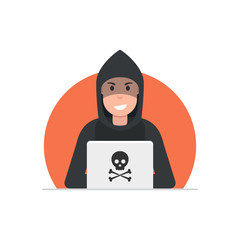 Poster - Hacker sitting at the desktop and hacking secret data on the laptop. Vector illustration.
