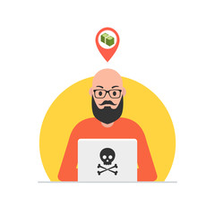 Poster - Hacker sitting at the desktop and hacking secret data on the laptop. Vector illustration.