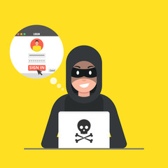 Poster - Hacker sitting at the desktop and hacking user login. Vector illustration.