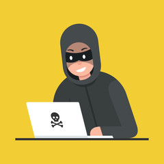 Poster - Hacker thief with laptop. Cyber attack. Vector illustration.