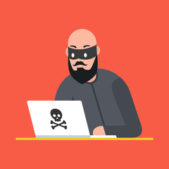 Poster - Hacker thief with laptop. Cyber attack. Vector illustration.