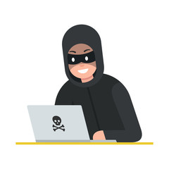 Poster - Hacker thief with laptop. Cyber attack. Vector illustration.
