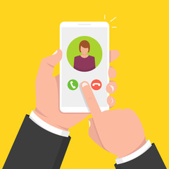 Wall Mural - Incoming call on smartphone screen. One hand holds smartphone and finger touch screen. Female avatar.  Vector illustration.