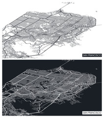 Wall Mural - Aerial top view city map San Francisco, black and white detailed plan, urban grid in perspective, vector illustration