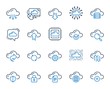 Cloud data and technology line icons. Set of Hosting, Computing data and File storage icons. Archive, Download, Share cloud files. Sync technology, Web server, Storage access. Colorful design set