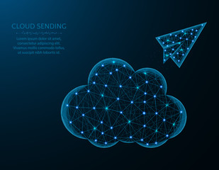 Poster - Cloud low poly design, paper airplane in polygonal style, cloud sending vector illustration on blue background