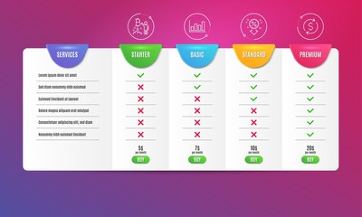 Report diagram, Bitcoin project and Discount icons simple set. Comparison table. Dollar exchange sign. Financial market, Cryptocurrency startup, Sale shopping. Banking rates. Finance set. Vector