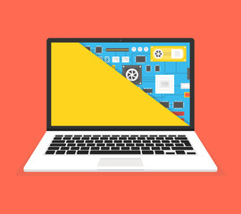 Fototapete - Laptop repair, computer service. Motherboard in the section of the screen. Vector illustration.