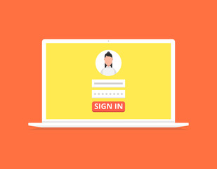 Poster - Sign in page on laptop screen. Female avatar. Vector illustration.