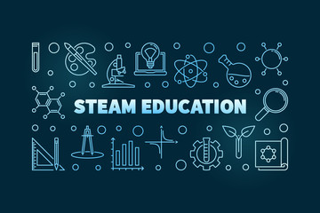 Wall Mural - STEAM Education vector concept blue linear Science, Technology, Engineering, the Arts and Mathematics horizontal illustration on dark background